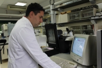 Manuel Olmo, investigador del Departamento de Botánica, Ecología y Fisología Vegetal de la UCO, analiza las raíces de una planta en un escáner