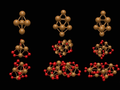 Detalle de agregados de metales de tamaño subnanométrico interaccionando con moléculas de oxígeno del medio ambiente. / Cosy.