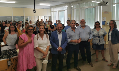 De izquierda a derecha: Esther Hernández (representante de CALEX), María Eugenia Ruiz (2º teniente alcalde del Ayto. de Belmez), José Ramón Jiménez (director EPSB), José Porras (alcalde de Belmez), Manuel Minaya (coordinador de formación MAINFOR), Manuela López (docente), Fátima Moreno (subdirectora de Ordenación Académica y Planes de Estudios)