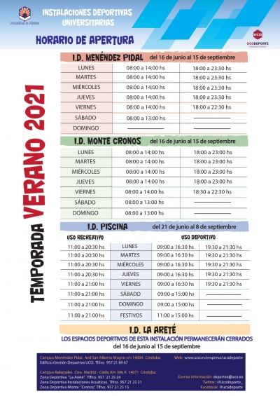 Actualización del horario de verano 2021 de las instalaciones deportivas UCO