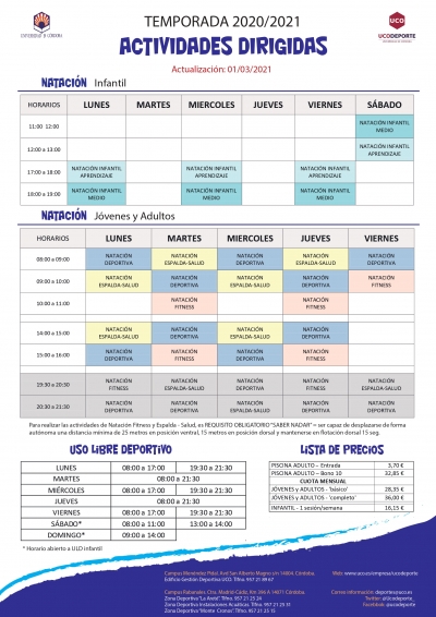 Nuevos horarios de actividades dirigidas de Ucodeporte a partir del 1 de marzo