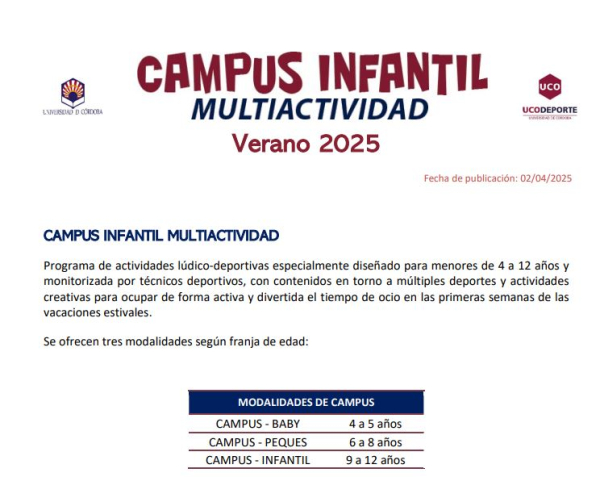 La UCO convoca un programa de ayudas a la participación en los Campus Infantiles Multiactividad 2025