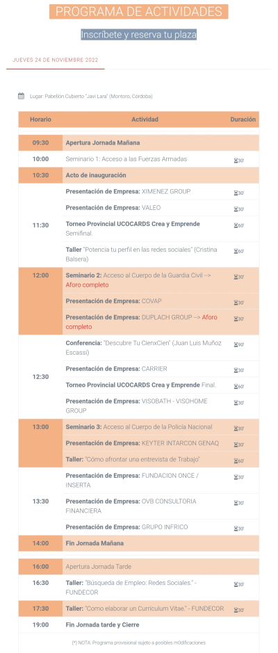 Detalle del programa de la jornada.