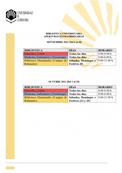 Horarios de apertura extraordinarios de la Bibloteca Universitaria