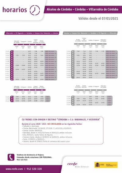 Nuevos horarios del servicio de cercanías al Campus de Rabanales a partir del 7 de enero de 2021