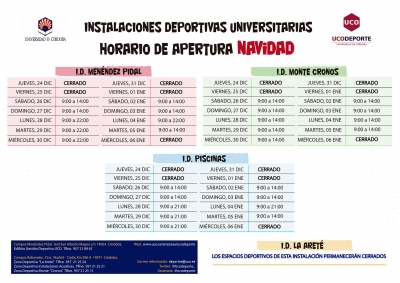 Horario de apertura de las instalaciones deportivas UCO en Navidad 2020