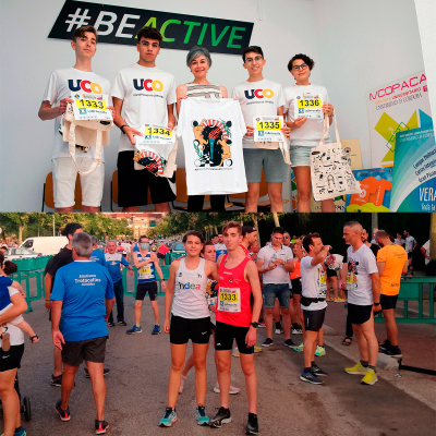 Arriba, entrega de dorsales de la Directora del Deporte al equipo UCO. Abajo, Laura García y Raúl Melgar, en la carrera.